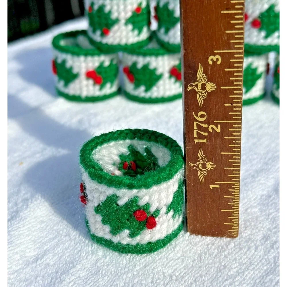 Set of 12 VTG Christmas Holly Berries Needlepoint Napkin Rings Handmade Holiday